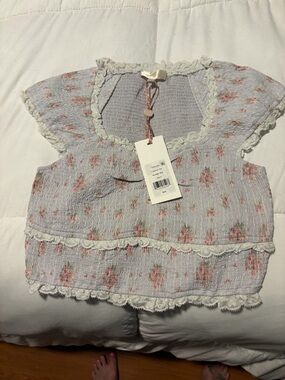 NWT  LoveShack Fancy. Smocked Floral Ruffle Crop Top in Light Blue floral. Small